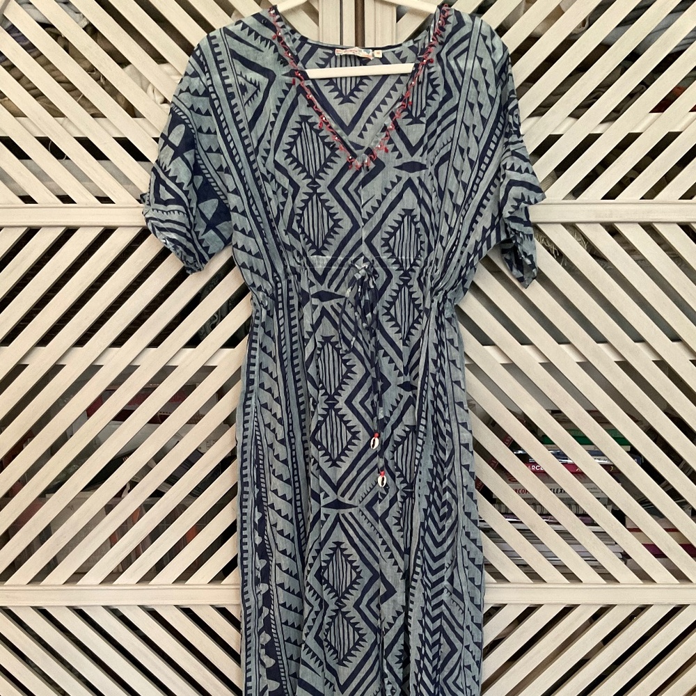 Dolma Coverup, tone on tone blues with cowrie shell detail